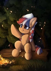 Size: 769x1073 | Tagged: safe, artist:hitbass, imported from derpibooru, oc, oc only, oc:ember (hwcon), pony, campfire, chest fluff, cute, dutch cap, hat, ocbetes, raised hoof, sitting, solo, solo focus