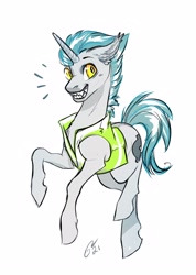 Size: 2784x3900 | Tagged: safe, artist:opalacorn, imported from derpibooru, oc, oc only, oc:lunar signal, bat pony, bat pony unicorn, hybrid, pony, unicorn, clothes, grin, high res, horn, looking at you, raised hoof, safety vest, sharp teeth, smiling, solo, teeth, vest