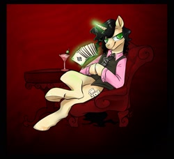 Size: 2194x2001 | Tagged: safe, artist:opalacorn, imported from derpibooru, oc, oc only, oc:gamble, pony, semi-anthro, unicorn, fallout equestria, fallout equestria: red 36, ace of spades, alcohol, armchair, chair, clothes, commission, deck of cards, fanfic art, glass, high res, lidded eyes, looking at you, lounge chair, magic, male, martini, martini glass, necktie, playing card, shirt, sitting, smiling, smug, solo, stallion, table, telekinesis, underhoof, vest