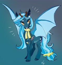 Size: 3878x4096 | Tagged: safe, artist:opalacorn, imported from derpibooru, oc, oc only, pony, :p, antlers, clothes, ear piercing, earring, jewelry, looking at you, piercing, scar, scarf, solo, spread wings, tongue out, webbed wings, wings