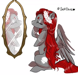 Size: 1409x1357 | Tagged: safe, artist:opalacorn, imported from derpibooru, oc, oc only, oc:void, pegasus, pony, ear piercing, earring, eyes closed, happy, jewelry, mirror, nose piercing, nose ring, piercing, scar, smiling, solo, spread wings, wings