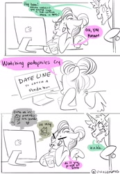 Size: 1417x2048 | Tagged: safe, artist:opalacorn, imported from derpibooru, oc, oc:void, pegasus, pony, unicorn, comic, computer, dialogue, drink, drinking straw, heart eyes, nervous, sketch, smiling, spread wings, sweat, to catch a predator, wingding eyes, wings