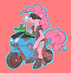 Size: 1743x1813 | Tagged: safe, artist:opalacorn, imported from derpibooru, gummy, pinkie pie, alligator, earth pony, pony, bipedal, boots, bubblegum, clothes, duo, food, gum, motorcycle, shoes, sunglasses, tanktop, vest