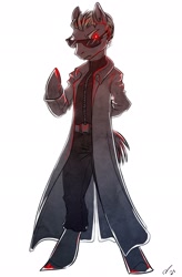 Size: 1344x2048 | Tagged: safe, artist:opalacorn, imported from derpibooru, earth pony, semi-anthro, albert wesker, clothes, coat, frown, glowing eyes, looking at you, pants, resident evil, solo, sunglasses