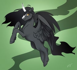 Size: 2048x1864 | Tagged: safe, artist:opalacorn, imported from derpibooru, oc, oc only, alicorn, pony, black sclera, curved horn, flying, horn, looking at you, smiling, solo, spread wings, wings