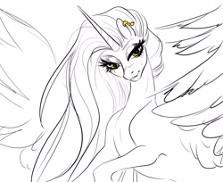 Size: 4096x3347 | Tagged: safe, artist:opalacorn, imported from derpibooru, oc, oc only, oc:obsidian, oc:obsidian (m00n13aby), alicorn, pony, ear piercing, earring, jewelry, lidded eyes, looking at you, piercing, sketch, smiling, solo, spread wings, wings