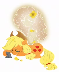 Size: 1660x2048 | Tagged: safe, artist:opalacorn, imported from derpibooru, applejack, pear butter, earth pony, ghost, pony, undead, flower, flower in hair, flower petals, pear butter's ghost, picture, sad, smiling, stars