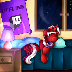 Size: 1280x1280 | Tagged: safe, artist:appleneedle, imported from derpibooru, twilight sparkle, oc, oc:ace jets, pony, unicorn, art, banner, bed, character, digital, draw, drawing, evening, fanart, lamp, night, offline, offscreen character, paint, painting, patreon, patreon reward, pillow, plushie, rest, sleeping, twitch