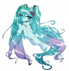 Size: 1980x2048 | Tagged: safe, artist:opalacorn, imported from derpibooru, kotobukiya, earth pony, pony, anime, hatsune miku, headset, kotobukiya hatsune miku pony, lidded eyes, looking at you, music notes, necktie, ponified, smiling, solo, sparkles, unshorn fetlocks, vocaloid