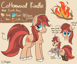 Size: 2400x2000 | Tagged: safe, artist:litrojia, imported from derpibooru, oc, oc only, oc:cottonwood kindle, earth pony, pony, apron, big tail, boots, chest fluff, clothes, cutie mark, ear fluff, earth pony oc, high res, looking at you, male, reference sheet, shirt, shoes, smiling, smiling at you, stallion, unshorn fetlocks