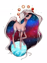 Size: 1520x2048 | Tagged: safe, artist:opalacorn, imported from derpibooru, oc, oc only, earth pony, pony, dock, ethereal mane, galaxy mane, lidded eyes, planet, solo, tangible heavenly object, traditional art