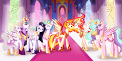 Size: 4000x2000 | Tagged: safe, artist:maeveadair, idw, imported from derpibooru, daybreaker, nightmare star, princess celestia, alicorn, pony, princess molestia, reflections, spoiler:comic, banana, bananalestia, celestellation, evil celestia, evil counterpart, female, food, high res, levitation, magic, mare, mirror universe, multeity, pinklestia, punklestia, self ponidox, telekinesis, throne room, trollestia