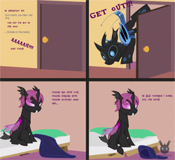 Size: 1560x1423 | Tagged: safe, artist:wheatley r.h., derpibooru exclusive, imported from derpibooru, oc, oc only, oc:lara, oc:w. rhinestone eyes, changeling, comic:still hungry, angry, bat wings, bed, bedroom, blanket, blue changeling, changeling oc, door, female, implied belly rubs, male, mare, pillow, pink changeling, stallion, vector, vulgar, watermark, wings