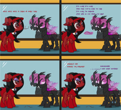 Size: 1560x1423 | Tagged: safe, artist:wheatley r.h., derpibooru exclusive, imported from derpibooru, oc, oc only, oc:lara, oc:red widow, changeling, earth pony, pony, comic:still hungry, angry, changeling oc, chunkling, cigarette, eyeshadow, female, gem, glasses, glowing horn, hat, horn, hungry, jewel, magic, magic aura, makeup, mare, pink changeling, reflection, stomach noise, telekinesis, vector, watermark
