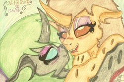 Size: 1024x679 | Tagged: dead source, safe, artist:sarnathid-prime-pony, imported from derpibooru, changeling, blushing, boop, commission, female, horn, hugging a pony, lesbian, love, mane, noseboop, pencil drawing, sketch, traditional art