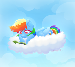 Size: 1270x1138 | Tagged: safe, artist:zowzowo, imported from derpibooru, rainbow dash, pegasus, pony, blue sky, book, cloud, comfortable, comfy, cute, daring do book, exploitable meme, happy, lying down, lying on a cloud, meme, no pupils, on a cloud, reading, reading rainbow, solo, three quarter view