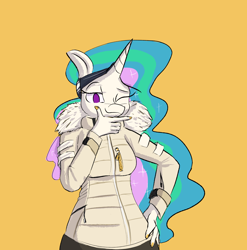 Size: 2150x2176 | Tagged: safe, artist:skunkstripe, imported from derpibooru, princess celestia, anthro, clothes, coat, fur collar, goggles, high res, winter outfit, zipper