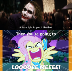 Size: 2000x1953 | Tagged: safe, edit, edited screencap, imported from derpibooru, screencap, fluttershy, pegasus, pony, season 1, the best night ever, angry, caption, clothes, dress, female, flutterrage, heath ledger, knife, mare, open mouth, text, the dark knight, the joker, yelling, you're going to love me