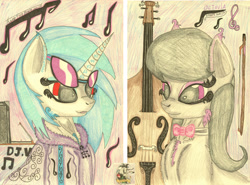 Size: 2850x2105 | Tagged: dead source, safe, artist:sarnathid-prime-pony, imported from derpibooru, dj pon-3, octavia melody, vinyl scratch, earth pony, pony, unicorn, bow (instrument), bowtie, cello, clothes, glasses, high res, hoodie, music notes, musical instrument, pencil drawing, sketch, traditional art