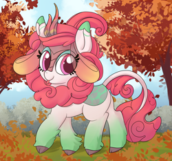 Size: 3000x2800 | Tagged: safe, artist:illusion, imported from derpibooru, oc, oc only, oc:pumpkin leaves, kirin, autumn, cute, eye clipping through hair, falling leaves, female, high res, kirin oc, kirinbetes, leaves, looking at you, ocbetes, smiling, smiling at you, solo, tongue out, tree, unshorn fetlocks