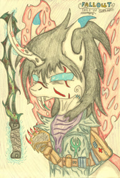 Size: 2007x2987 | Tagged: dead source, safe, artist:sarnathid-prime-pony, imported from derpibooru, oc, oc:sarr, original species, high res, horn, pencil drawing, sketch, sword, traditional art, unknown species, weapon, wings