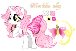 Size: 1596x1080 | Tagged: safe, artist:jvartes6112, imported from derpibooru, oc, oc only, oc:merida shy, alicorn, pony, alicorn oc, butterfly wings, eyelashes, female, hoof on chest, horn, mare, offspring, parent:fluttershy, parent:oc:jv6112, parents:canon x oc, reference sheet, simple background, solo, transparent background, wings