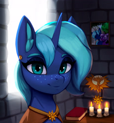 Size: 3102x3351 | Tagged: safe, artist:mrscroup, imported from derpibooru, oc, oc only, oc:novus flux, oc:tenebris flux, pony, unicorn, altar, book, candle, cape, clasp, clothes, ear fluff, ear piercing, earring, eyeshadow, female, freckles, high res, jewelry, makeup, not luna, picture frame, piercing, solo