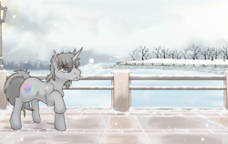 Size: 2376x1500 | Tagged: safe, artist:lavilovi, imported from derpibooru, oc, oc only, pony, unicorn, horn, ice, lake, scenery, snow, snowfall, solo, streetlight, tree, unicorn oc