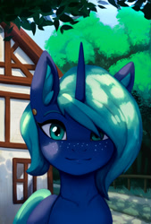 Size: 2158x3188 | Tagged: safe, artist:mrscroup, imported from derpibooru, oc, oc only, oc:novus flux, pony, unicorn, ear fluff, ear piercing, earring, freckles, happy, high res, house, jewelry, looking at you, not luna, piercing, solo, tree, village