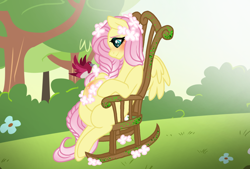 Size: 1596x1080 | Tagged: safe, artist:jvartes6112, imported from derpibooru, fluttershy, bird, pegasus, pony, blushing, braid, eyelashes, female, mare, outdoors, preggoshy, pregnant, rocking chair, sitting, smiling, solo, tree, wings