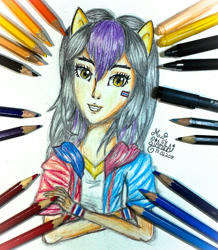 Size: 1536x1758 | Tagged: safe, artist:mudmee-thai, imported from derpibooru, oc, oc only, human, bust, clothes, crossed arms, eared humanization, eyelashes, female, humanized, signature, tattoo, traditional art