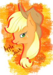 Size: 595x841 | Tagged: safe, artist:mudmee-thai, imported from derpibooru, applejack, earth pony, pony, abstract background, bust, eyelashes, female, freckles, hat, mare, signature, smiling, solo