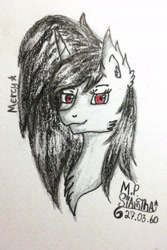 Size: 1293x1939 | Tagged: safe, artist:mudmee-thai, imported from derpibooru, oc, oc only, oc:mercy, pony, unicorn, bust, ear fluff, eyelashes, female, horn, mare, signature, smiling, solo, traditional art, unicorn oc