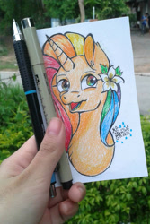 Size: 1314x1968 | Tagged: safe, artist:mudmee-thai, imported from derpibooru, oc, oc only, pony, unicorn, female, flower, flower in hair, horn, irl, mare, multicolored hair, open mouth, photo, rainbow hair, signature, solo, traditional art, unicorn oc