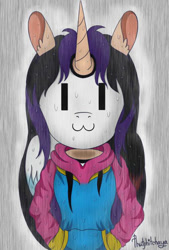 Size: 502x741 | Tagged: safe, artist:mudmee-thai, imported from derpibooru, oc, oc only, alicorn, anthro, alicorn oc, clothes, ear fluff, female, hoodie, horn, mask, signature, solo, wings
