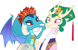 Size: 1050x674 | Tagged: safe, artist:queencold, imported from derpibooru, princess ember, oc, oc:princess fengli, oc:princess jian, dragon, boop, canon x oc, chinese dragon, crown, dragon lord ember, dragon oc, dragoness, duo, fan, female, grin, jewelry, lesbian, regalia, shipping, simple background, smiling, teenaged dragon, transparent background