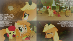 Size: 1280x720 | Tagged: safe, edit, edited screencap, editor:quoterific, imported from derpibooru, screencap, apple bloom, applejack, big macintosh, bright mac, pear butter, earth pony, pony, going to seed, season 9, spoiler:s09, adorabloom, apple, baby, baby apple bloom, baby pony, colt, crying, crying on the outside, cute, eyes closed, female, filly, food, lip bite, male, mare, mother and child, mother and daughter, mouth hold, pearabetes, sad, stallion, tree, younger