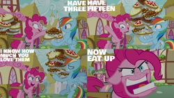 Size: 1280x720 | Tagged: safe, edit, edited screencap, editor:quoterific, imported from derpibooru, screencap, pinkie pie, rainbow dash, earth pony, pegasus, pony, season 7, secrets and pies, bipedal, duo, duo female, eat my pie, eyes closed, faic, female, food, mare, open mouth, pie, pinkie being pinkie, thousand yard stare, wagon