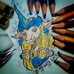 Size: 1080x1080 | Tagged: safe, artist:phutphitchaya, imported from derpibooru, pony, unicorn, bust, female, helmet, horn, league of legends, mare, ponified, signature, smiling, solo, soraka, traditional art