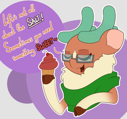 Size: 4000x3766 | Tagged: safe, artist:mrneo, imported from derpibooru, cashmere (tfh), deer, reindeer, them's fightin' herds, abstract background, clothes, cloven hooves, community related, cupcake, dialogue, eyes closed, food, glasses, hoof hold, misleading thumbnail, scarf, solo