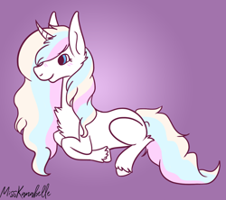 Size: 2000x1778 | Tagged: safe, artist:misskanabelle, imported from derpibooru, oc, oc only, oc:cadenza, pony, unicorn, chest fluff, female, gradient background, horn, lying down, mare, prone, signature, smiling, solo, unicorn oc, unshorn fetlocks