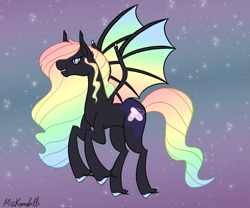 Size: 2409x2000 | Tagged: safe, artist:misskanabelle, imported from derpibooru, oc, oc only, oc:mooney smile, bat pony, pony, abstract background, bat pony oc, bat wings, female, high res, hoof fluff, mare, multicolored hair, offspring, parent:king sombra, parent:princess luna, parents:lumbra, rainbow hair, signature, solo, unshorn fetlocks, wings