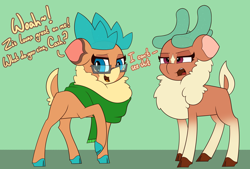 Size: 5504x3712 | Tagged: safe, artist:mrneo, imported from derpibooru, cashmere (tfh), velvet reindeer, deer, reindeer, them's fightin' herds, accessory swap, borrowed clothes, cashmere is not amused, clothes, cloven hooves, community related, dialogue, duo, glasses, green background, missing accessory, reality ensues, scarf, simple background, velvet (tfh), vulgar