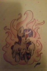 Size: 683x1024 | Tagged: safe, artist:gravityfox10, imported from derpibooru, twilight sparkle, alicorn, pony, female, glow, glowing, glowing eyes, horn, mare, raised hoof, signature, solo, traditional art, twilight sparkle (alicorn), wings