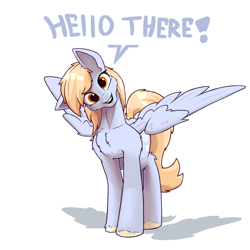 Size: 1717x1717 | Tagged: safe, artist:hc0, imported from derpibooru, derpy hooves, pegasus, pony, chest fluff, dialogue, head tilt, looking at you, simple background, solo, talking to viewer, white background, wings