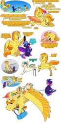 Size: 2000x4000 | Tagged: safe, artist:jackiebloom, imported from derpibooru, spitfire, oc, oc:iridescence flare, oc:neon synthwave, oc:skydancer, earth pony, pegasus, pony, female, filly, flying, leash, magical lesbian spawn, male, mother and child, mother and daughter, mother and son, nonbinary, offspring, parent:rainbow dash, parent:spitfire, parents:spitdash, record, sunglasses, wing umbrella, wings