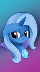 Size: 640x1136 | Tagged: artist needed, source needed, safe, imported from derpibooru, trixie, pony, unicorn, :<, bust, cape, clothes, cute, diatrixes, floppy ears, solo, trixie's brooch, trixie's cape