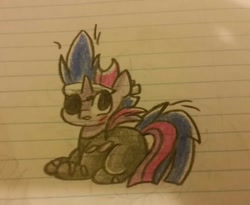 Size: 1024x840 | Tagged: safe, artist:gravityfox10, imported from derpibooru, twilight sparkle, pony, unicorn, clothes, eyepatch, female, future twilight, horn, lined paper, mare, scar, solo, torn clothes, traditional art, unicorn twilight