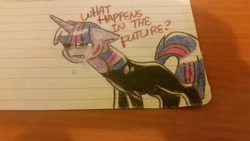 Size: 1024x576 | Tagged: safe, artist:gravityfox10, imported from derpibooru, twilight sparkle, pony, unicorn, clothes, crying, eyepatch, female, future twilight, horn, lined paper, mare, scar, solo, talking, torn clothes, traditional art, unicorn twilight