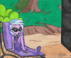 Size: 1079x879 | Tagged: safe, artist:rhythm-is-best-pony, imported from derpibooru, silverstream, human, equestria girls, beach, beach chair, chair, clothes, clothes swap, equestria girls-ified, feet, foot tapping, humanized, sandals, sarong, solo, speaker, speakers, swimsuit, swimsuit swap, tapping